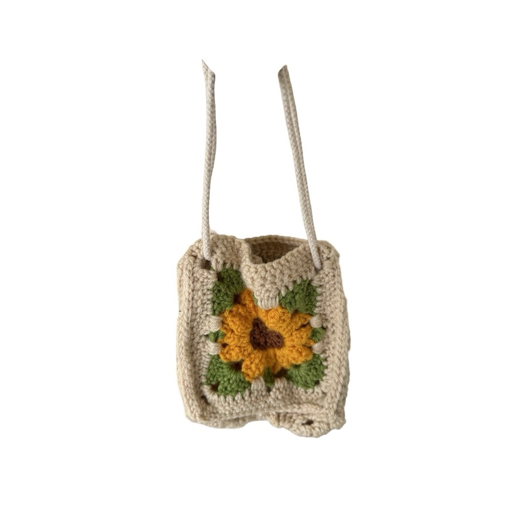 Vintage‎ hand made sunflower granny square small handbag 5"x5.5"x5.5